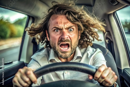 Frantic driver with wild eyes and disheveled hair grips the wheel, mouth agape, as if navigating a chaotic and catastrophic journey through daily commute chaos.