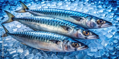 Freshly caught mackerel fish lay arranged on a bed of ice, scales glistening with dew, vibrant blue and silver hues shimmering in the morning light.