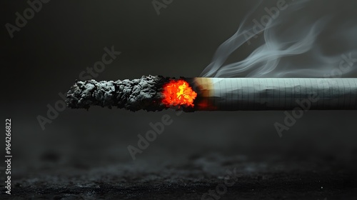 A cigarette is lit and the smoke is coming out of it. Concept of danger and the harmful effects of smoking