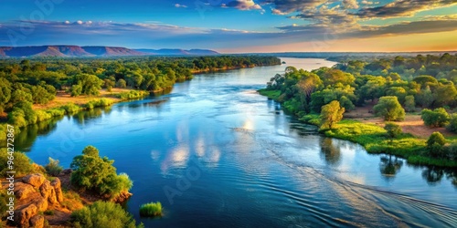 Majestic Zambezi River winds its way through lush African savannah, with sun-kissed trees and verdant hillsides reflecting beautifully in the calm, crystal-clear water.