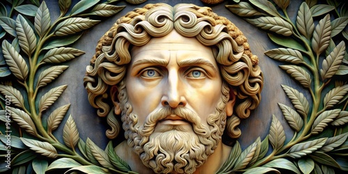 A classical depiction of Jupiter's regal head, encircled by an ornate wreath of laurel leaves, with piercing blue eyes and a stern expression.