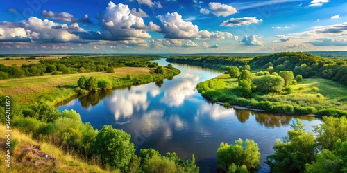 Serene Image Of The Kuban River Flowing Through A Picturesque Landscape, With Lush Greenery And Blue Skies In The Background.