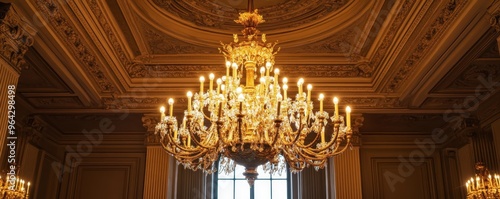 Elegant ornate chandelier hanging from the ceiling of an opulent room with intricate architectural details and warm lighting.