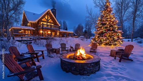 Cozy winter cabin with christmas tree and firepit in snowy landscape