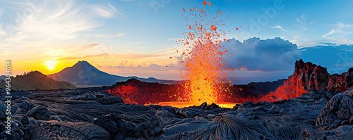 A fiery volcanic eruption with lava flowing from a crater, against a backdrop of a setting sun and clouds. The landscape is rough and rugged, with black lava rock dominating the scene.