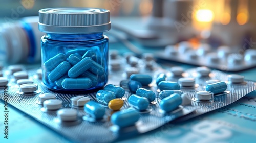 Various medications including blue capsules and white tablets are placed on a table with a bottle in a well-lit room