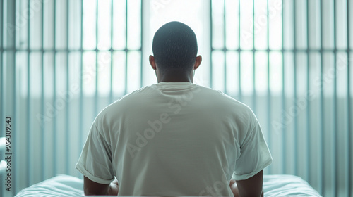 face of the Male Prisoner Seated on a Bed Inside a Cell, Emphasizing Confinement, Legal Consequences. photo