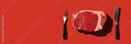 Raw steak and cutlery on vibrant red background, representing the carnivore diet and high-protein eating.