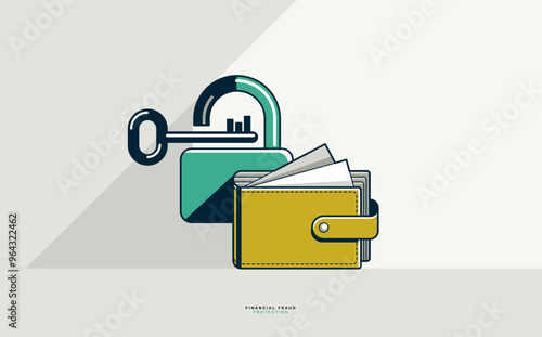 Financial fraud protection e-wallet concept poster, secured payments using electronic wallet online metaphor, padlock lock with key safe private account, vector icon style illustration.