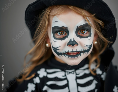 Le visage peint en noir et blanc, cet enfant arbore un maquillage de squelette détaillé, son regard captivant accentue l'effet effrayant de son déguisement.