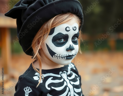 Avec un maquillage noir et blanc de squelette, cet enfant au visage impassible incarne l'esprit d'Halloween, son costume ajoutant à l'effet macabre.