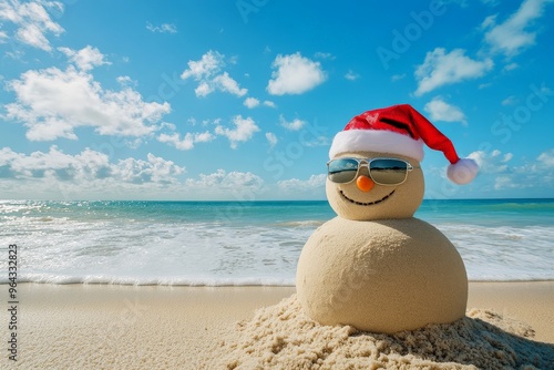 Festive sandman with sunglasses on a sunny beach for a tropical christmas