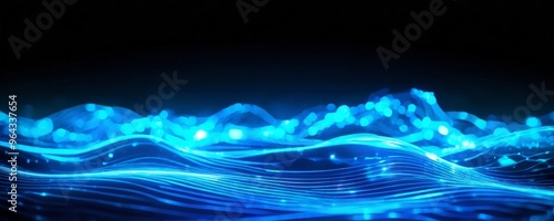 digital illustration of a wave-like pattern, with a gradient of blue and black tones. The wave appears to be composed of small, glowing dots or lines, creating a sense of