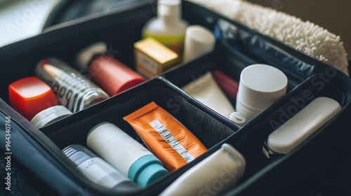 Close-up of a packed toiletry bag with various travel-sized personal care products, perfect for travel and organization.