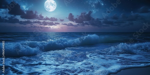 A serene ocean scene illuminated by a full moon, with gentle waves lapping against the shore under a starry sky.