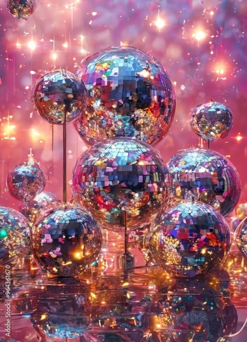 A collection of disco balls, each with its own unique pattern, are arranged in a circular formation against a backdrop of pink and purple lights, creating a visually striking and festive display.