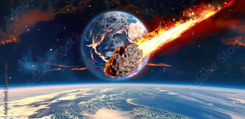 A fiery asteroid hurtling towards Earth, creating a dramatic scene of impending doom and destruction.