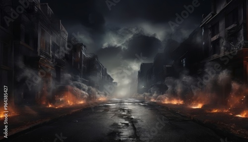 A desolate city street, shrouded in smoke and flames, stretches out into the distance under a dark, ominous sky.