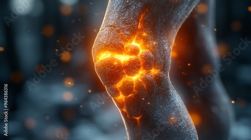 A visualization of arthritis affecting the knee joint, showing the gradual wearing down of cartilage.