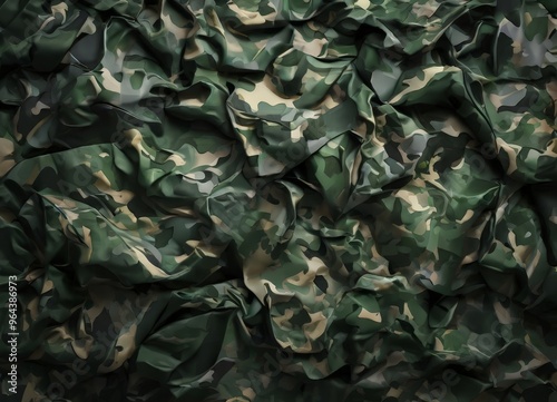 a close-up view of a crumpled, textured fabric with a camouflage pattern, resembling a military-style camouflage.