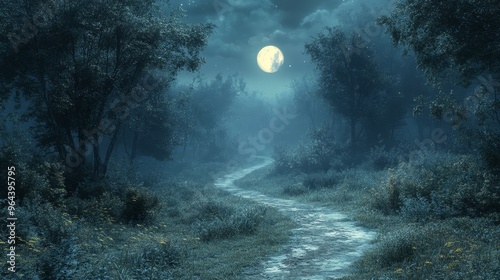 A moonlit path in a forest, leading to nowhere, [aimlessness], [lost in lifeÃ¢â‚¬â„¢s journey], 3D illustration