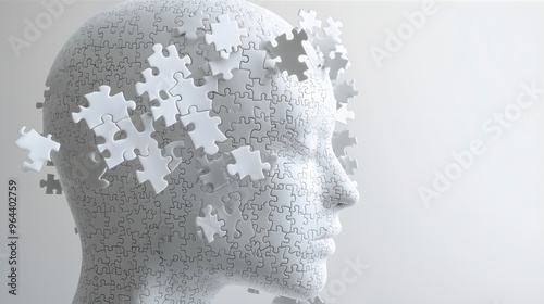 a head of a human being made of puzzle details on white background