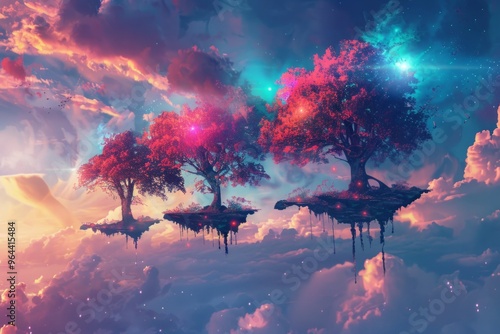 This surreal landscape showcases floating islands adorned with neon-colored trees, creating a vibrant, dreamlike scene that feels both magical and otherworldly, unusualness explosion