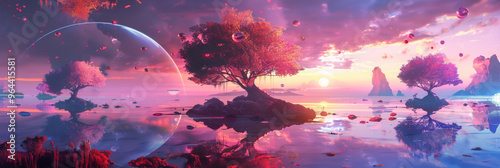 A bizarre, ethereal landscape where neon-colored trees grow on floating islands, offering a strikingly surreal and mystical vision that blends nature with abstract art, unusualness explosion