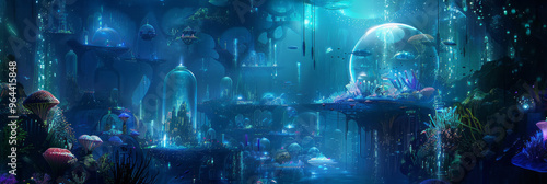 This unique underwater city blends innovative design with nature, showcasing a bioluminescent marine habitat with transparent domes and glowing sea life all around, unusualness explosion, banner