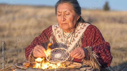 An Indigenous woman crafts a dream catcher by the fire in a serene natural landscape, showcasing cultural heritage and tradition.