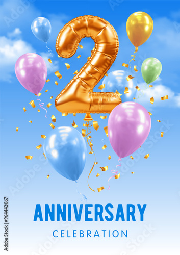 2th Anniversary celebration. Number 2 in the form of golden balloon. 3D realistic golden numeral two, confetti, blue sky background. Template for birthday, other special event. Vector illustration