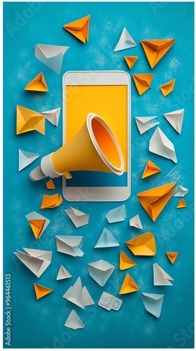 Smartphone with megaphone and paper airplanes.