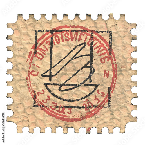 Vintage postage stamp with red circular postmark on textured paper, featuring an abstract design and aged edges.