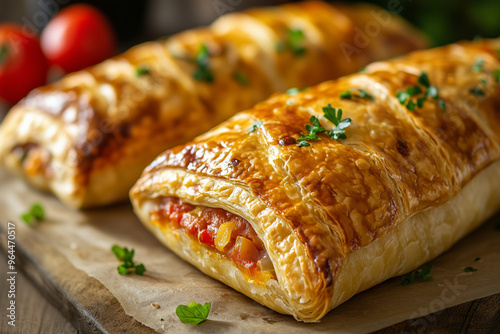 Deliciously golden traditional Cornish pasties with flaky homemade puff pastry on a rustic wooden table