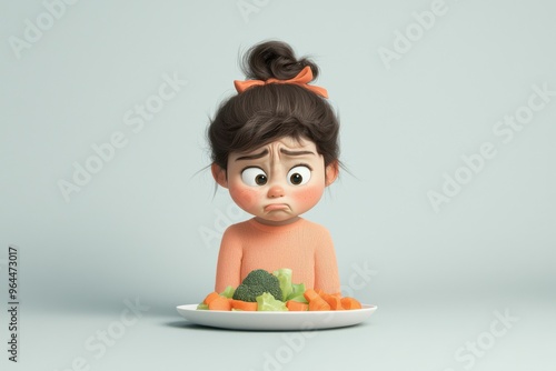 Cute Animated Girl Making a Disgusted Face at a Plate of Vegetables in a Minimalist Setting