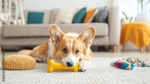 A playful dog chewing on a toy bone in a cozy home, with bright, colorful pet accessories nearby