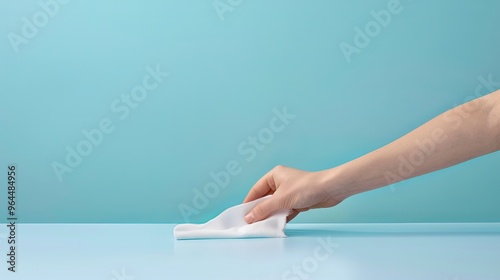 Hand wiping surface with white cloth, blue background.