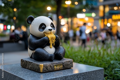 Funny statue, panda eating spaghetti, messy but happy adds a comical moment of indulgence to the park