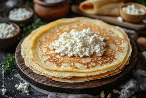 Delicate Russian blini topped with creamy cottage cheese on a rustic wooden table in a cozy kitchen setting