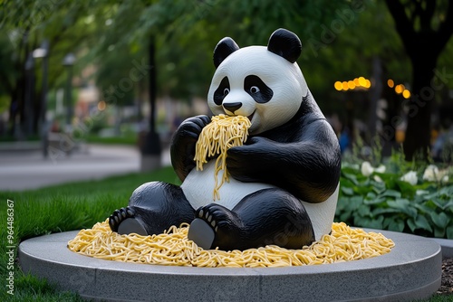 Funny statue, panda eating spaghetti, messy but happy adds a comical moment of indulgence to the park