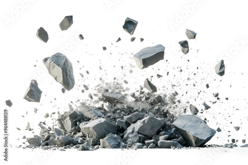 A pile of grey rocks, scattered and broken, on a white background