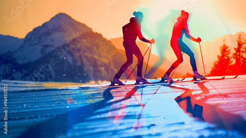 Winter Olympics cross-country skiing close up, focus on, copy space Bright hues, Double exposure silhouette with mountain backdrop