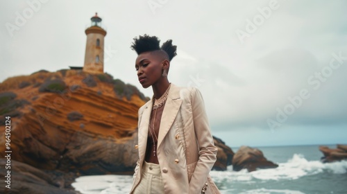 Displaying sartorial excellence, a fashionable individual stands powerfully on rocky shores beside a lighthouse, embodying boldness and elegance.