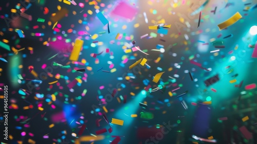 Colorful confetti floats in the air against a blurred background of celebration lights, creating a festive and joyful atmosphere.