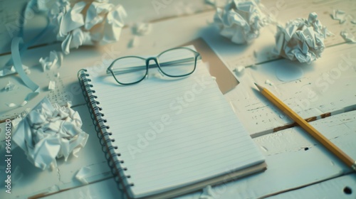 A notebook with glasses rests on a white, rustic table surrounded by crumpled paper balls, reflecting a moment of creative brainstorming.