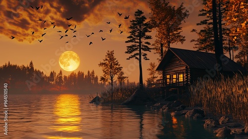 A serene autumn evening landscape featuring a glowing harvest moon and a sunlit cabin, set against a tranquil backdrop of warm fall colors. 