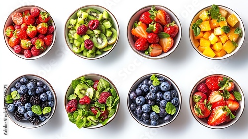 a whole view of multiple fruit salads on isolated white background, view from above, editorial photography