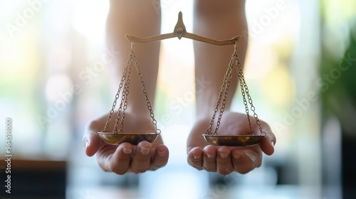 Hands holding a set of balance scales, symbolizing lifestyle balance, soft natural light with a blurred office background.