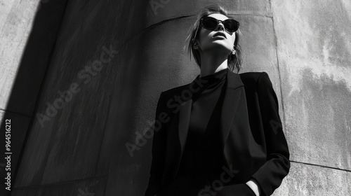 Monochrome outfit modern urban fashion sleek textures strong contrast dynamic poses high-fashion photography editorial street style