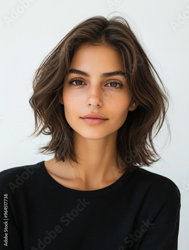 A chic woman with a textured lob (long bob) hairstyle, perfect for a minimalist salon catalog.